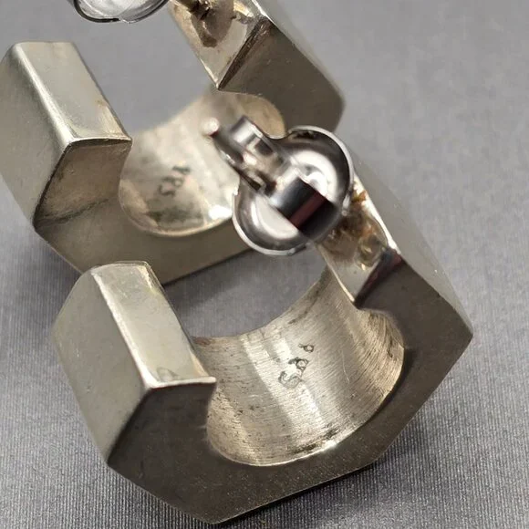 Sterling Silver Geometric C-Hoop Earrings Bold .75" Modern Hexagon Design - Picture 7 of 13